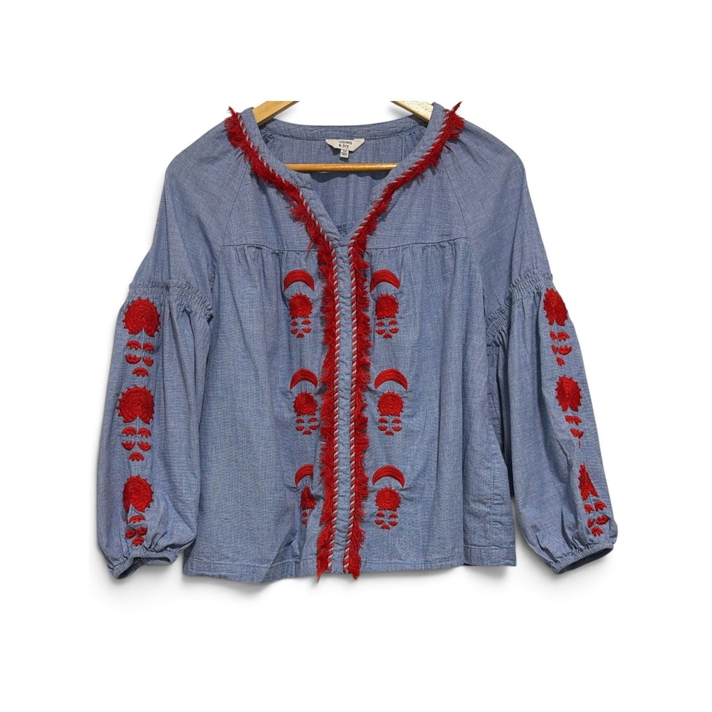 Crown & Ivy Blue Red Embroidered Floral Fringe Balloon Sleeve Peasant Blouse XS
